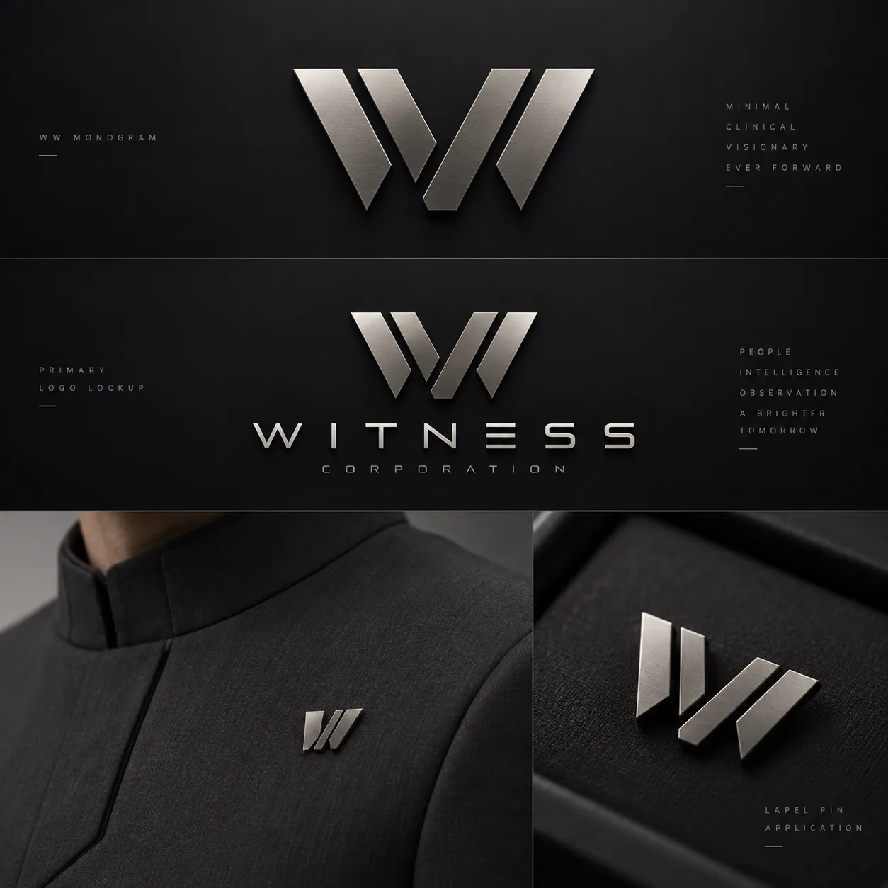 WITNESS Corporation identity: the W mark on dark stone and on a uniform collar