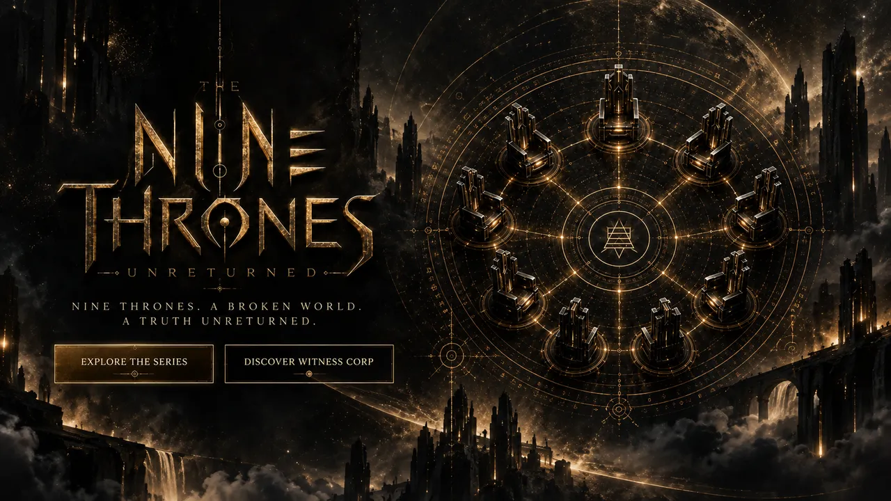 The Nine Thrones: Unreturned. Nine thrones. A broken world. A truth unreturned. Nine empty thrones stand in a glowing circle above a ruined city.